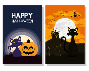 happy halloween card with black cats mascots and witch flying scene