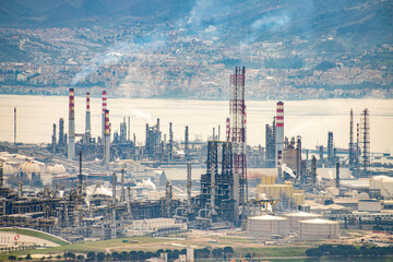Oil refinery factory on the sea in Izmit, Turkey. Petrochemical plant structure on manufacturing...