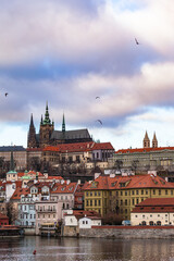 Beautiful view of Prague Castle and St. Vitus Cathedral located in Mala Strana old district on the...