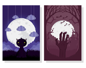 happy halloween card with cat and death hand scenes