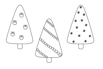 Simple hand drawn in doodle style Christmas tree set vector outline illustration for coloring book wintertime happy holidays celebration