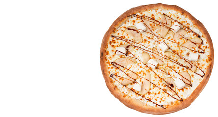 Sweet pizza with pear, marshmallow and dorblu cheese isolated on white background. Top view