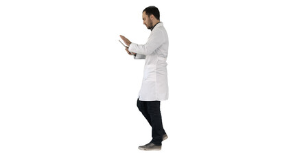 Doctor using tab while walking on white background.