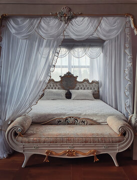 Ancient bedroom furniture style, medieval king bed, near the window, white curtains canopy and gold details. Close up background of a beautiful room luxuriously decorated for prince or princess