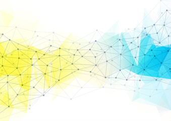 Abstract technology background with connecting dots and lines. Blue and yellow geometric background