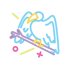 raven in neon light for halloween on white background