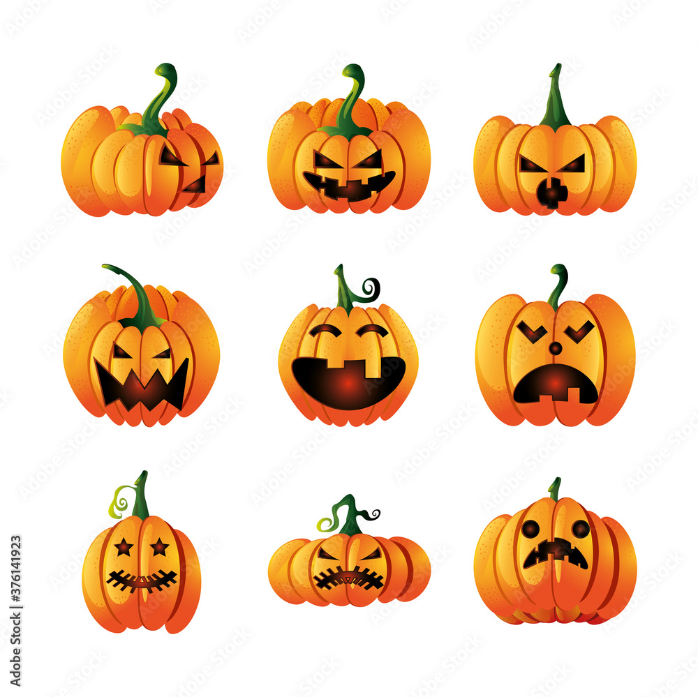 Poster set of icons with pumpkins face for halloween on white background