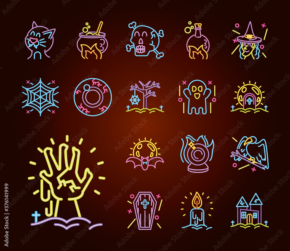 Sticker set of symbols in neon light for happy halloween