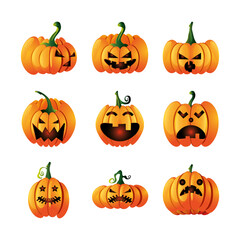 set of icons with pumpkins face for halloween on white background