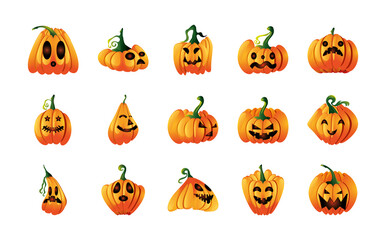 set of icons with pumpkins face for halloween over white background