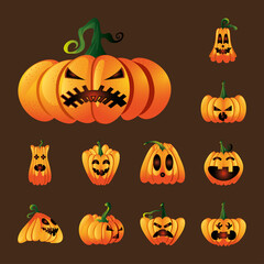 bundle of icons with pumpkins face for halloween