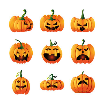 set of icons with pumpkins face for halloween on white background