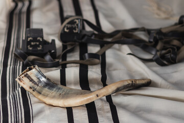 A shofar is placed on a tallit, next to tefillin (jewish religious objects for the holidays)