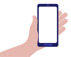 Hand holding mobile phone, smartphone. White screen with space for text, copyspace. Vector illustration n flat style