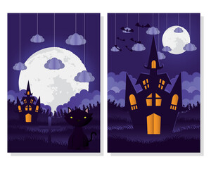 happy halloween card with cat and castle scenes