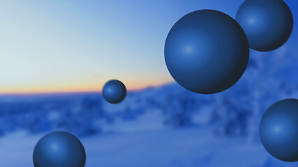 Falling blue balls. Close-up. Blurred winter background. 3D rendering