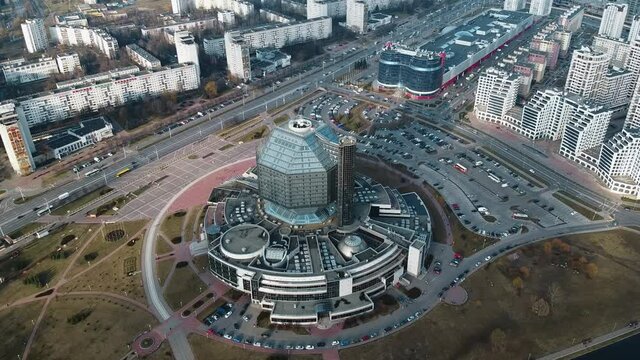 National library of Belarus daylight Aerial view, 2.7K drone footage