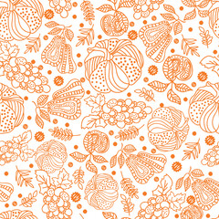 Thanksgiving line art doodle pumpkins, pear, apple, grape, leaf seamless pattern background design