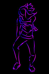 Obraz na płótnie Canvas Girl dancing modern dance. Blue-pink neon on a black background. Rough linear sketch. Vector illustration.