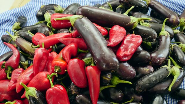 canned food for the winter at home, eggplant and red chillies,