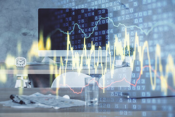 Multi exposure of financial graph drawing and office interior background. Concept of market analysis.