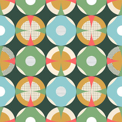 Christmas vibe grid based geometric circular overlaid shapes seamless pattern for surface design, textile, fabric, wallpaper, home decor, wrapping paper, stationery, gift wrap, background, backdrop.