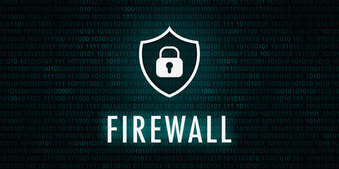 Banner Firewall - Shield icon on background with binary code.