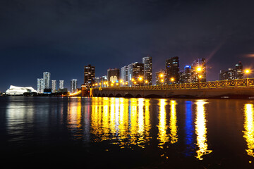 Fototapeta premium Miami, Florida, USA skyline on Biscayne Bay, city night backgrounds. Miami Florida, sunset panorama with colorful illuminated business and residential buildings and bridge on Biscayne Bay.