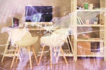 Multi exposure of stock market chart drawing and office interior background. Concept of financial analysis.