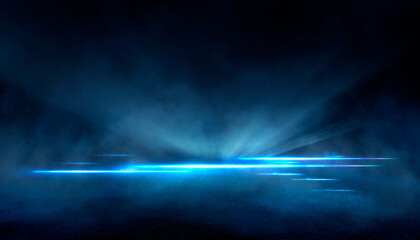 Abstract dark futuristic blue night background. Rays and lines, lightning, lights. Blue neon light, symmetrical reflection in water, futuristic landscape, stage. 3D illustration. © MiaStendal
