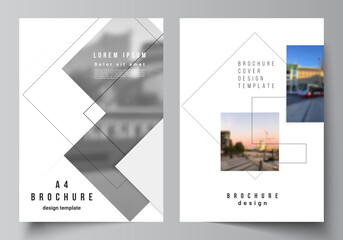 Naklejka premium Vector layout of A4 format cover mockups design templates with geometric simple shapes, lines and photo place for brochure, flyer layout, booklet, cover design, book, brochure cover.