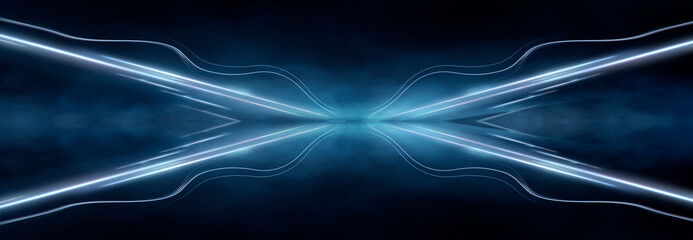 Abstract dark futuristic blue night background. Rays and lines, lightning, lights. Blue neon light, symmetrical reflection in water, futuristic landscape, stage. 3D illustration.