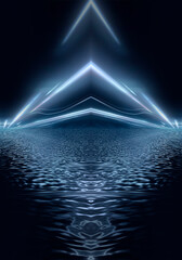 Fototapeta na wymiar Abstract dark futuristic blue night background. Rays and lines, lightning, lights. Blue neon light, symmetrical reflection in water, futuristic landscape, stage. 3D illustration.