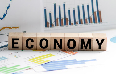 ECONOMY word written on wood block. Decision text on wooden table for your desing, Top view concept.