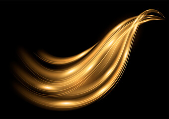 Motion golden wave. Isolated abstract trail, track with light effect. Vector transparent element on black background