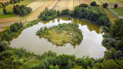 Drone aerial shot of small island on the lake