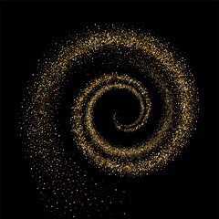Gold spiral, funnel or whirlpool on a black background. Golden shiny trail with dynamic particles. Abstract vector illustration
