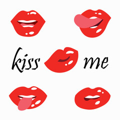 Red lips collection, different shapes, smiling, with tongue, vector illustration.