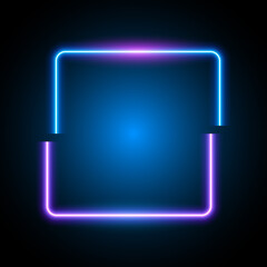 Neon banner, glowing square split in half, dark background, vector illustration.