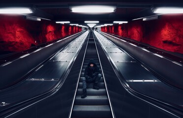 Mysterious man with black hood is sitting on the escalators stair in underground station with rocky structured walls and artificial light sources above, which create beautiful dynamics for the scene.