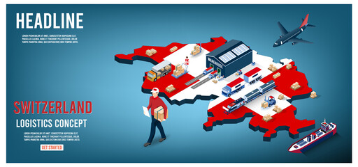 Obraz na płótnie Canvas Modern isometric concept of Switzerland Logistics Landing page with Global Logistics, Warehouse, Sea Freight. Easy to edit and customize. Vector illustration