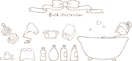 入浴する女性とバス用品の線画イラストセット