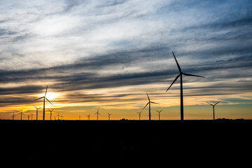 Obraz premium Sunset behind a field of wind turbines