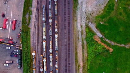 An aerian view of  freight trains in a transit place