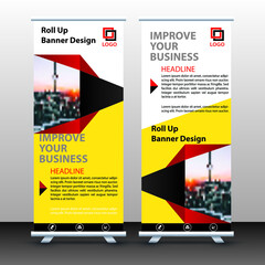 Yellow and black Roll Up Banner template, stand layout, flyer design, advertisement, display vector