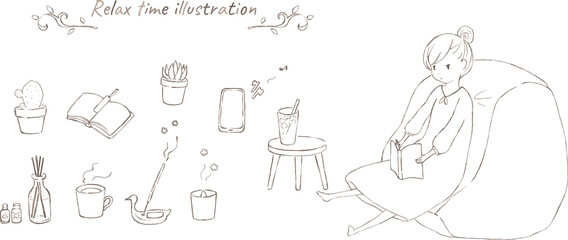 リラックスタイムの線画イラストセット
