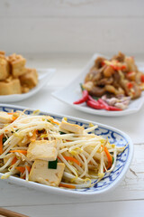 Stir Fried Bean Sprouts with tofu and scallion. Asian vegetable stir fry