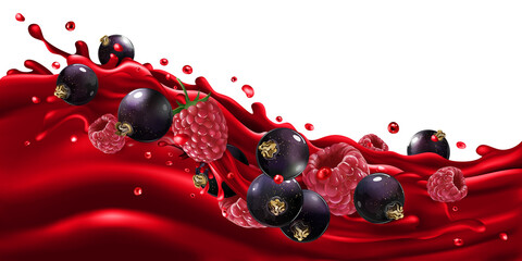 Raspberry and black currant berries on a fruit juice wave. © conceptcafe