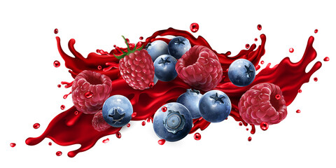 Splash of fruit juice with blueberries and raspberries.