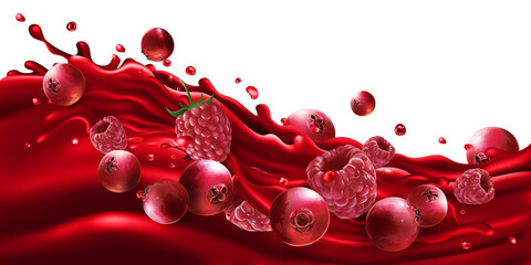 Cranberries and raspberries on a fruit juice wave.